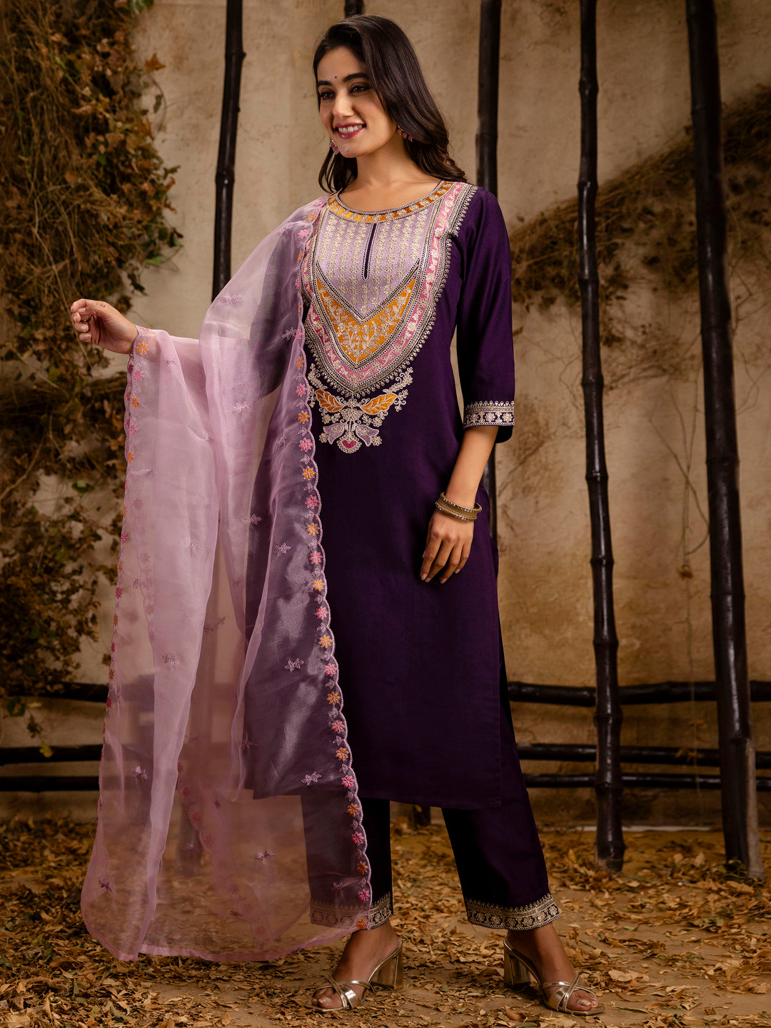 Dhiyona VV Women's Embroidered Viscose Rayon Calf Length Straight Kurta Trouser with Dupatta Set
