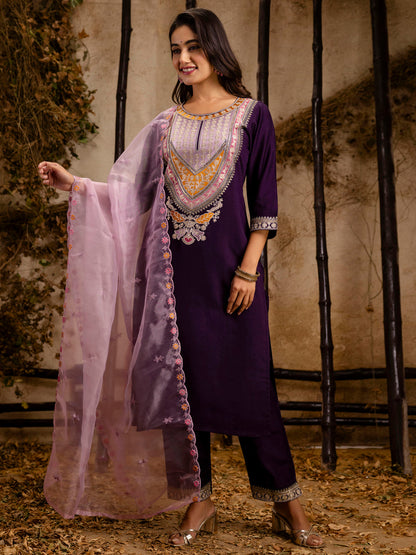 Dhiyona VV Women's Embroidered Viscose Rayon Calf Length Straight Kurta Trouser with Dupatta Set