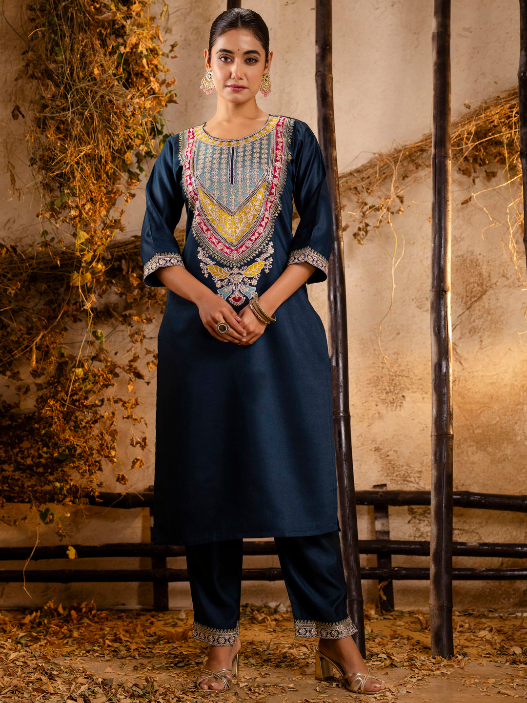 Dhiyona VV Women's Embroidered Viscose Rayon Calf Length Straight Kurta Trouser with Dupatta Set