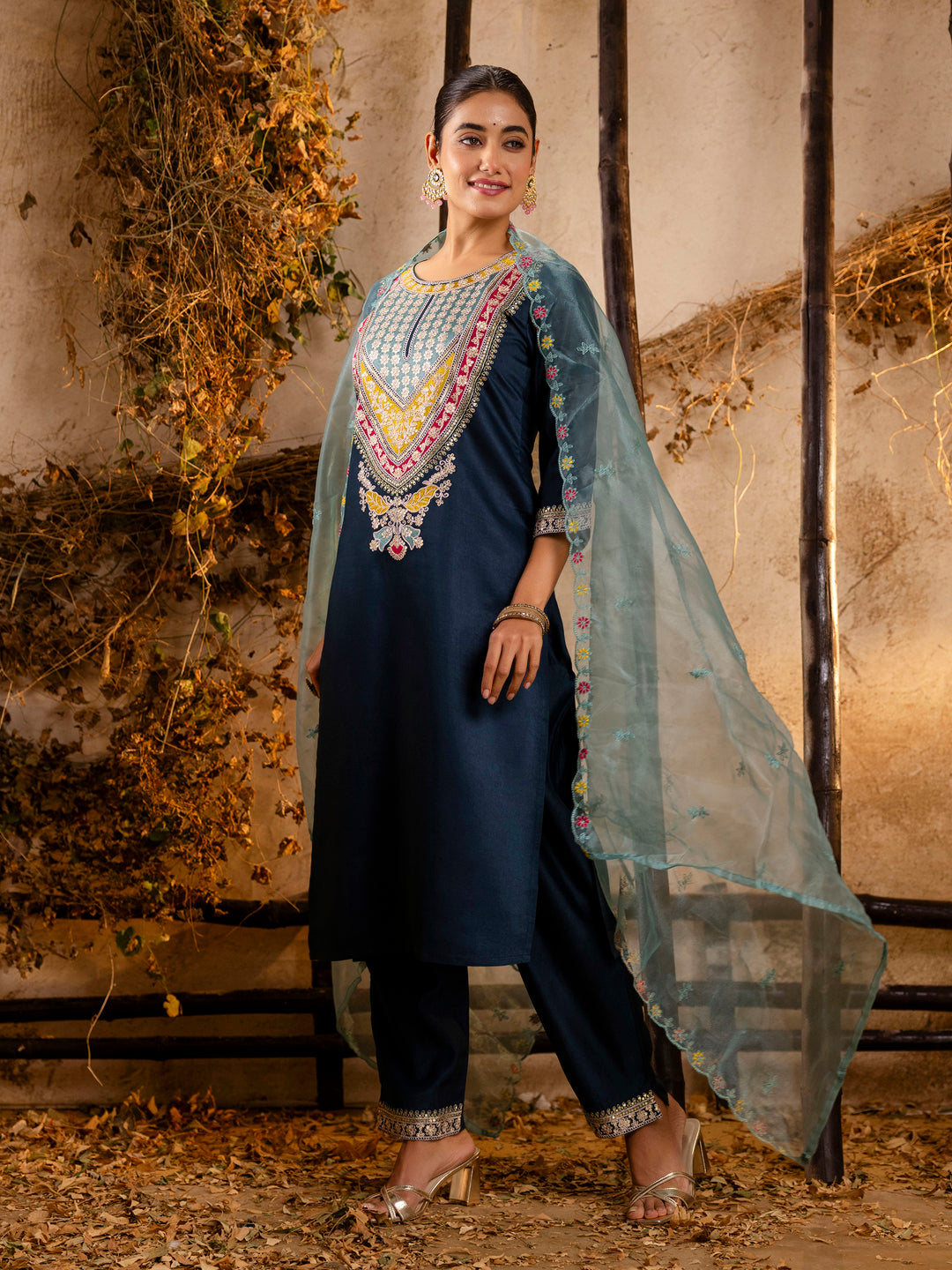 Dhiyona VV Women's Embroidered Viscose Rayon Calf Length Straight Kurta Trouser with Dupatta Set
