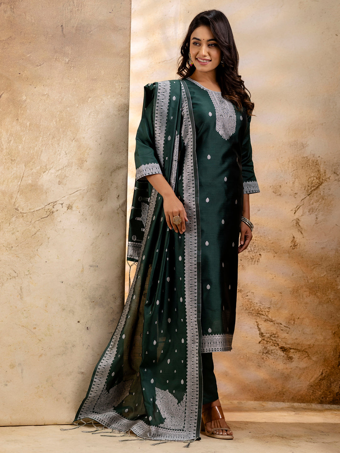 Dhiyona VV Women's Embroidered Cotton Blend Kurta Pant Sets with Dupatta