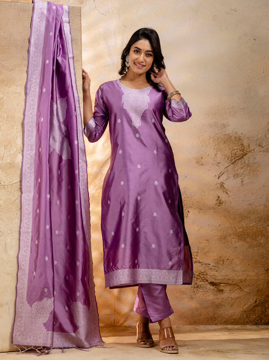 Dhiyona VV Women's Embroidered Cotton Blend Kurta Pant Sets with Dupatta