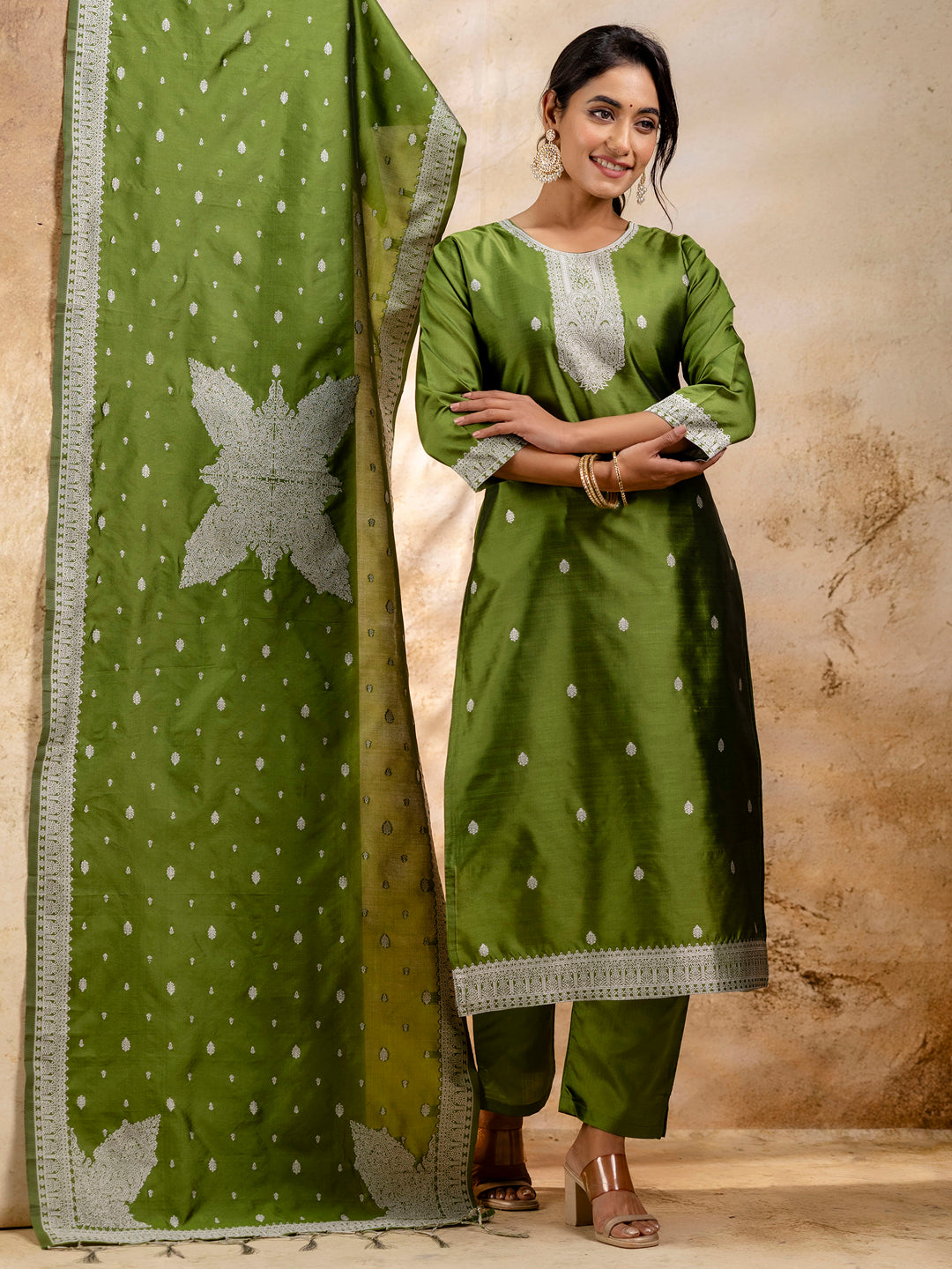 Dhiyona VV Women's Embroidered Cotton Blend Kurta Pant Sets with Dupatta