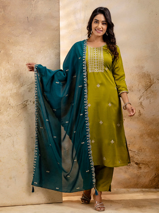 Dhiyona VV Women's Embroidered Silk Blend Kurta Pant Sets With Dupatta