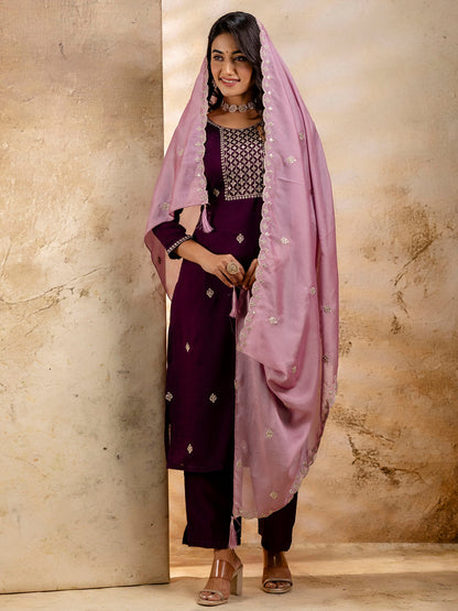 Dhiyona VV Women's Embroidered Silk Blend Kurta Pant Sets With Dupatta