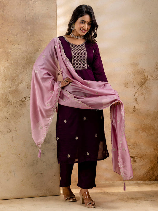 Dhiyona VV Women's Embroidered Silk Blend Kurta Pant Sets With Dupatta