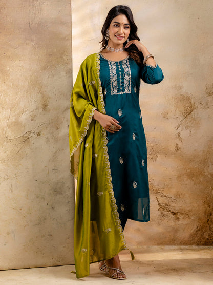 Dhiyona VV Women's Embroidered Silk Blend Kurta Pant Sets With Dupatta