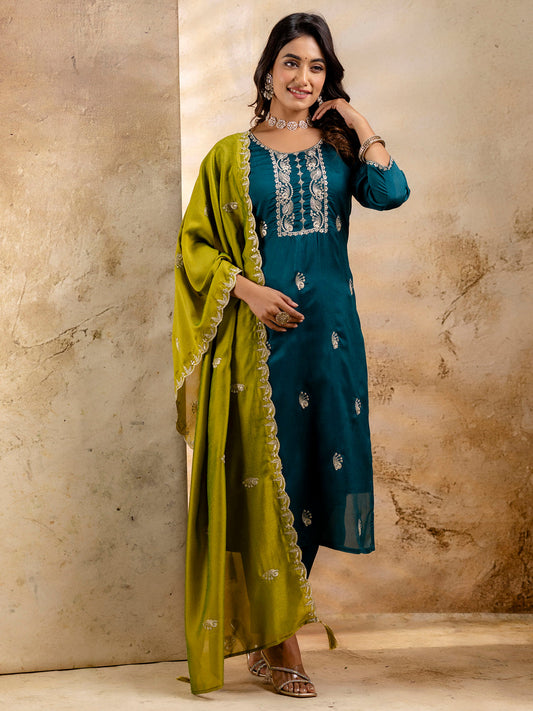 Dhiyona VV Women's Embroidered Silk Blend Kurta Pant Sets With Dupatta