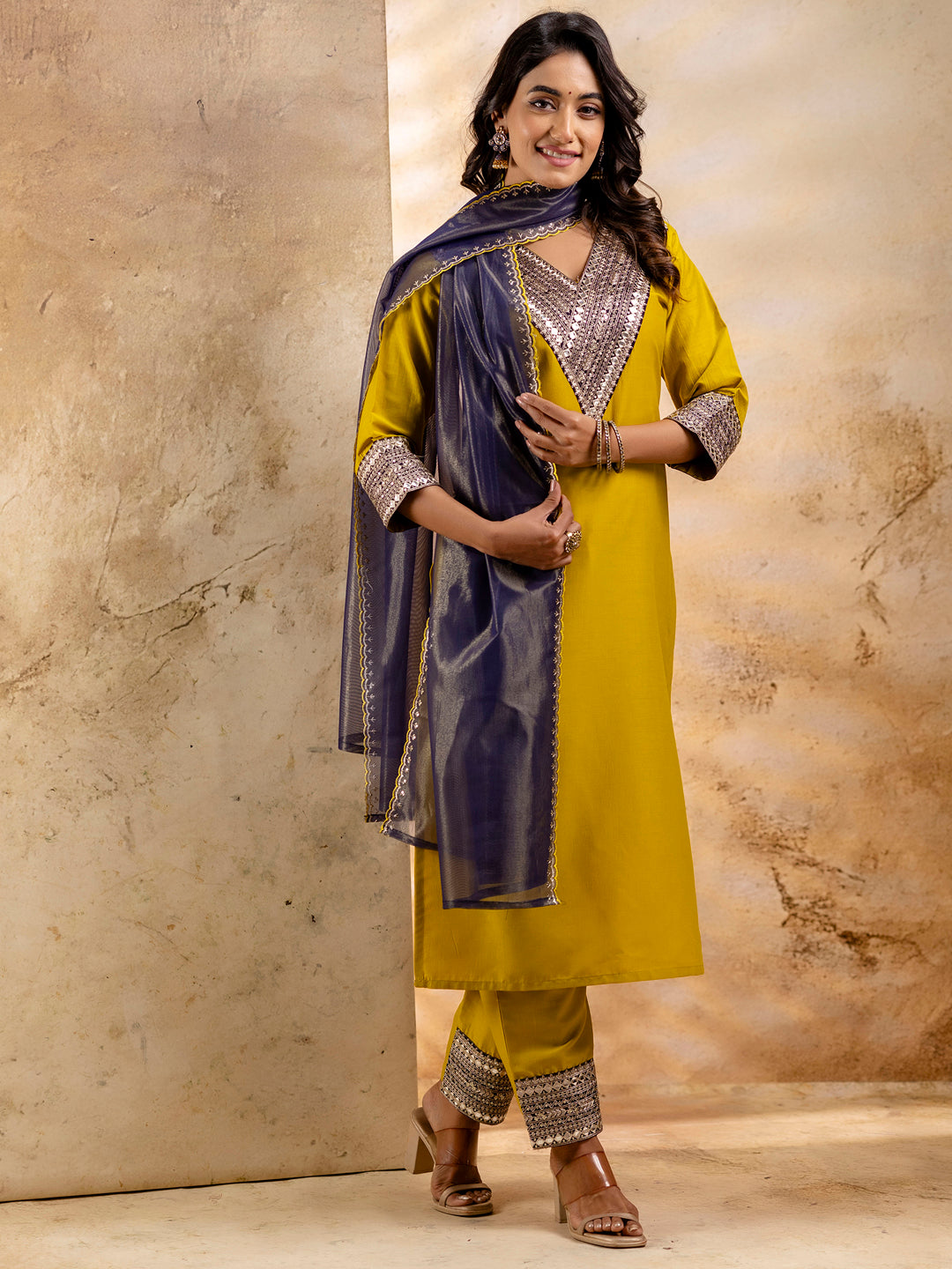 Dhiyona VV Women's Embroidered Viscose Rayon Calf Length Straight Kurta Trouser with Dupatta Set