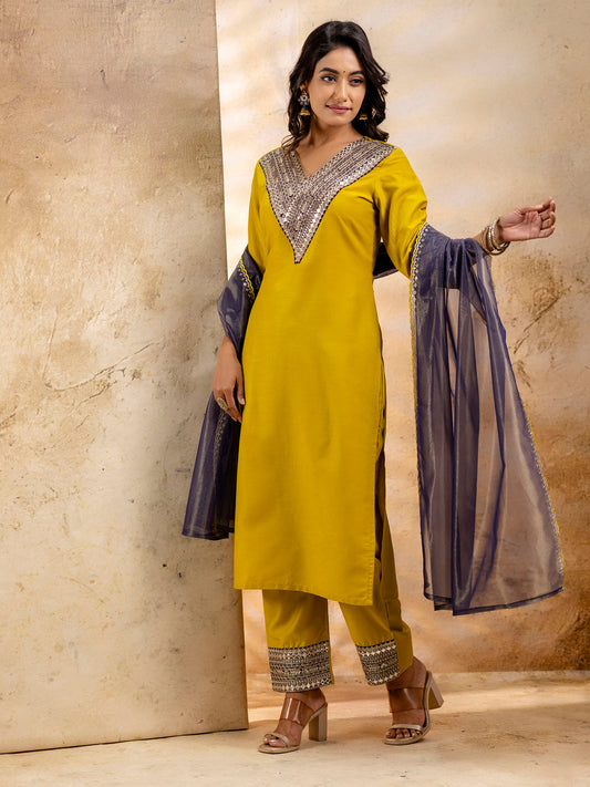 Dhiyona VV Women's Embroidered Viscose Rayon Calf Length Straight Kurta Trouser with Dupatta Set