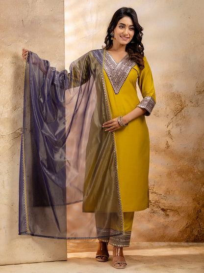 Dhiyona VV Women's Embroidered Viscose Rayon Calf Length Straight Kurta Trouser with Dupatta Set