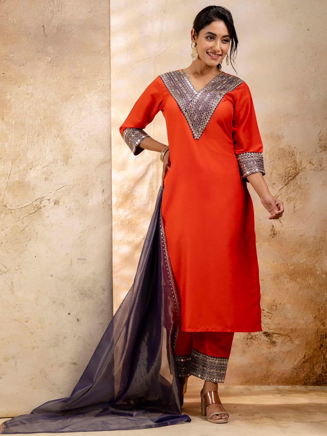 Dhiyona VV Women's Embroidered Viscose Rayon Calf Length Straight Kurta Trouser with Dupatta Set