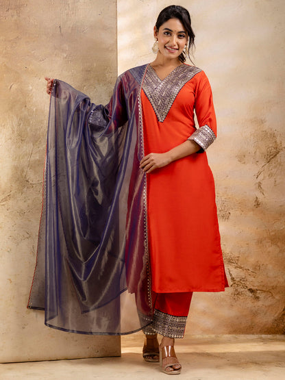 Dhiyona VV Women's Embroidered Viscose Rayon Calf Length Straight Kurta Trouser with Dupatta Set