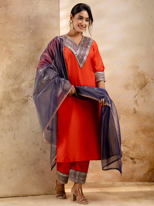 Dhiyona VV Women's Embroidered Viscose Rayon Calf Length Straight Kurta Trouser with Dupatta Set