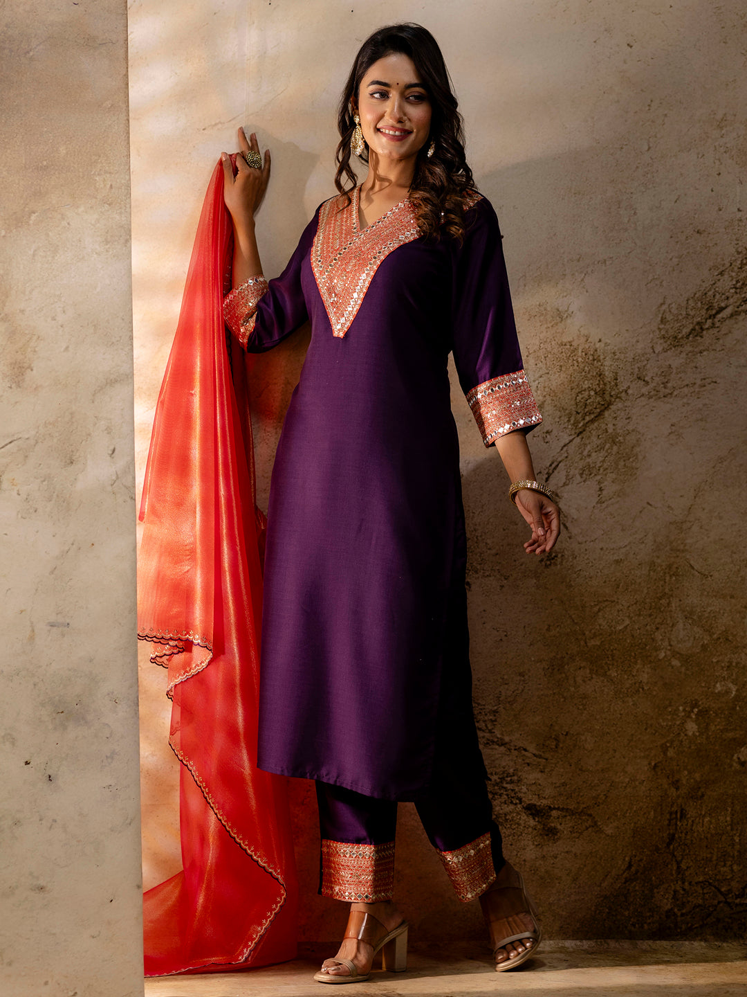 Dhiyona VV Women's Embroidered Viscose Rayon Calf Length Straight Kurta Trouser with Dupatta Set