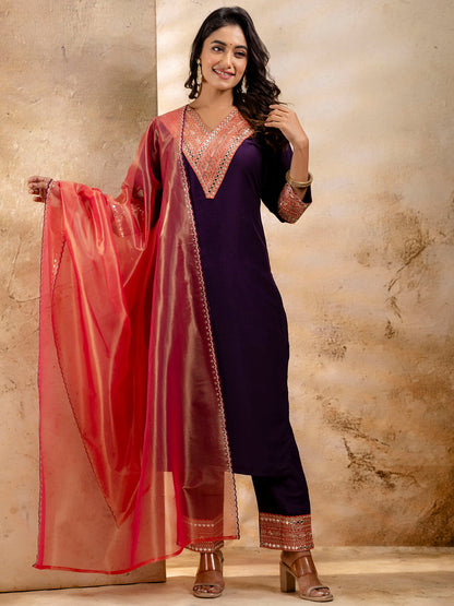 Dhiyona VV Women's Embroidered Viscose Rayon Calf Length Straight Kurta Trouser with Dupatta Set