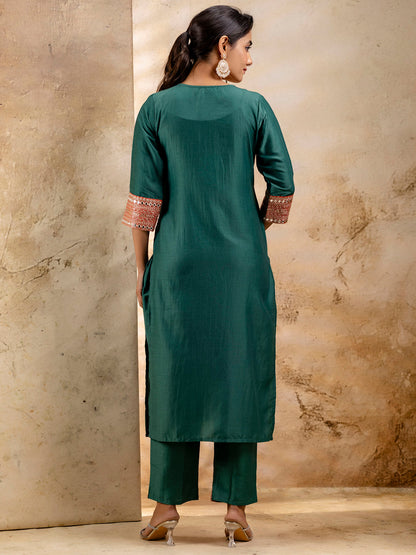 Dhiyona VV Women's Embroidered Viscose Rayon Calf Length Straight Kurta Trouser with Dupatta Set