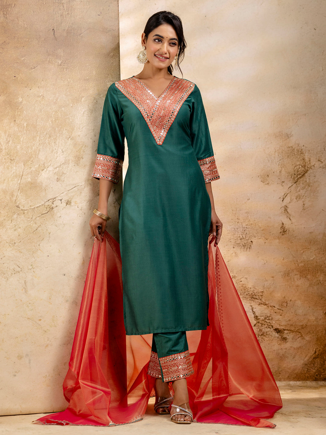 Dhiyona VV Women's Embroidered Viscose Rayon Calf Length Straight Kurta Trouser with Dupatta Set