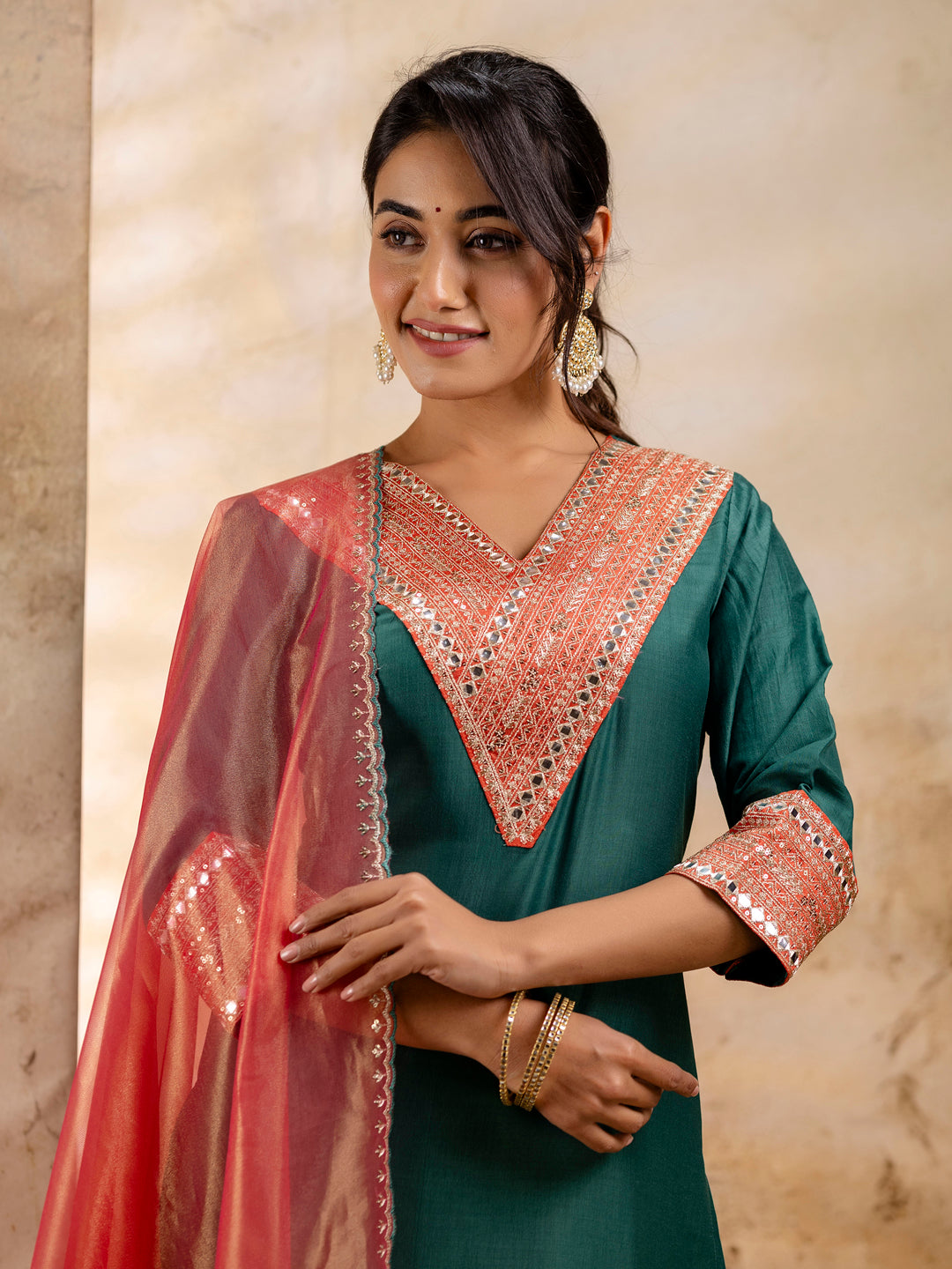Dhiyona VV Women's Embroidered Viscose Rayon Calf Length Straight Kurta Trouser with Dupatta Set