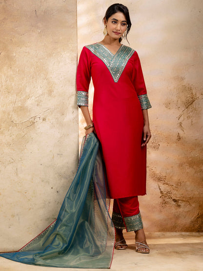 Dhiyona VV Women's Embroidered Viscose Rayon Calf Length Straight Kurta Trouser with Dupatta Set
