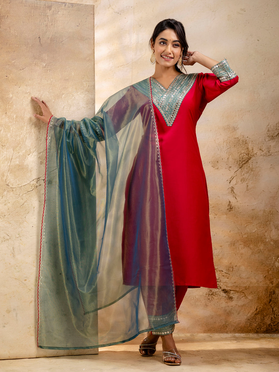 Dhiyona VV Women's Embroidered Viscose Rayon Calf Length Straight Kurta Trouser with Dupatta Set
