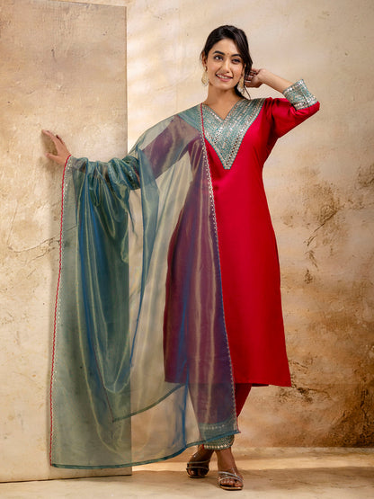 Dhiyona VV Women's Embroidered Viscose Rayon Calf Length Straight Kurta Trouser with Dupatta Set