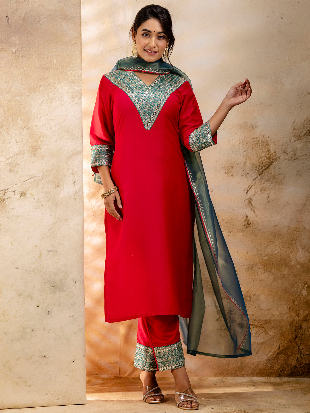 Dhiyona VV Women's Embroidered Viscose Rayon Calf Length Straight Kurta Trouser with Dupatta Set