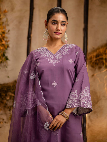 Dhiyona VV Women's Embroidered Silk Blend Calf Length Straight Kurta Trouser with Dupatta Set