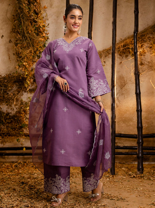 Dhiyona VV Women's Embroidered Silk Blend Calf Length Straight Kurta Trouser with Dupatta Set