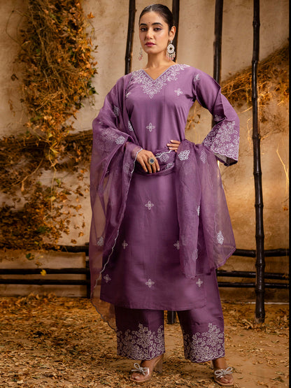 Dhiyona VV Women's Embroidered Silk Blend Calf Length Straight Kurta Trouser with Dupatta Set