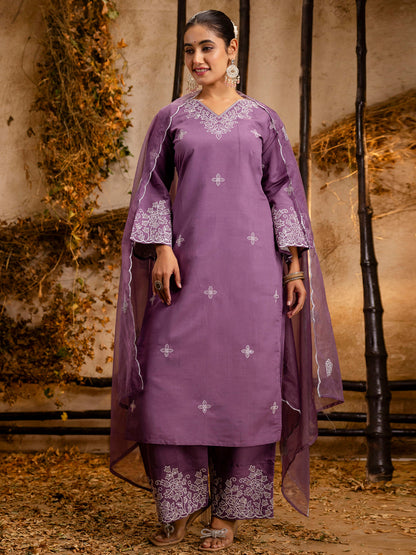 Dhiyona VV Women's Embroidered Silk Blend Calf Length Straight Kurta Trouser with Dupatta Set