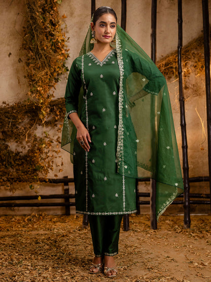 Dhiyona VV Women's Embroidered Silk Blend Calf Length Straight Kurta Trouser with Dupatta Set