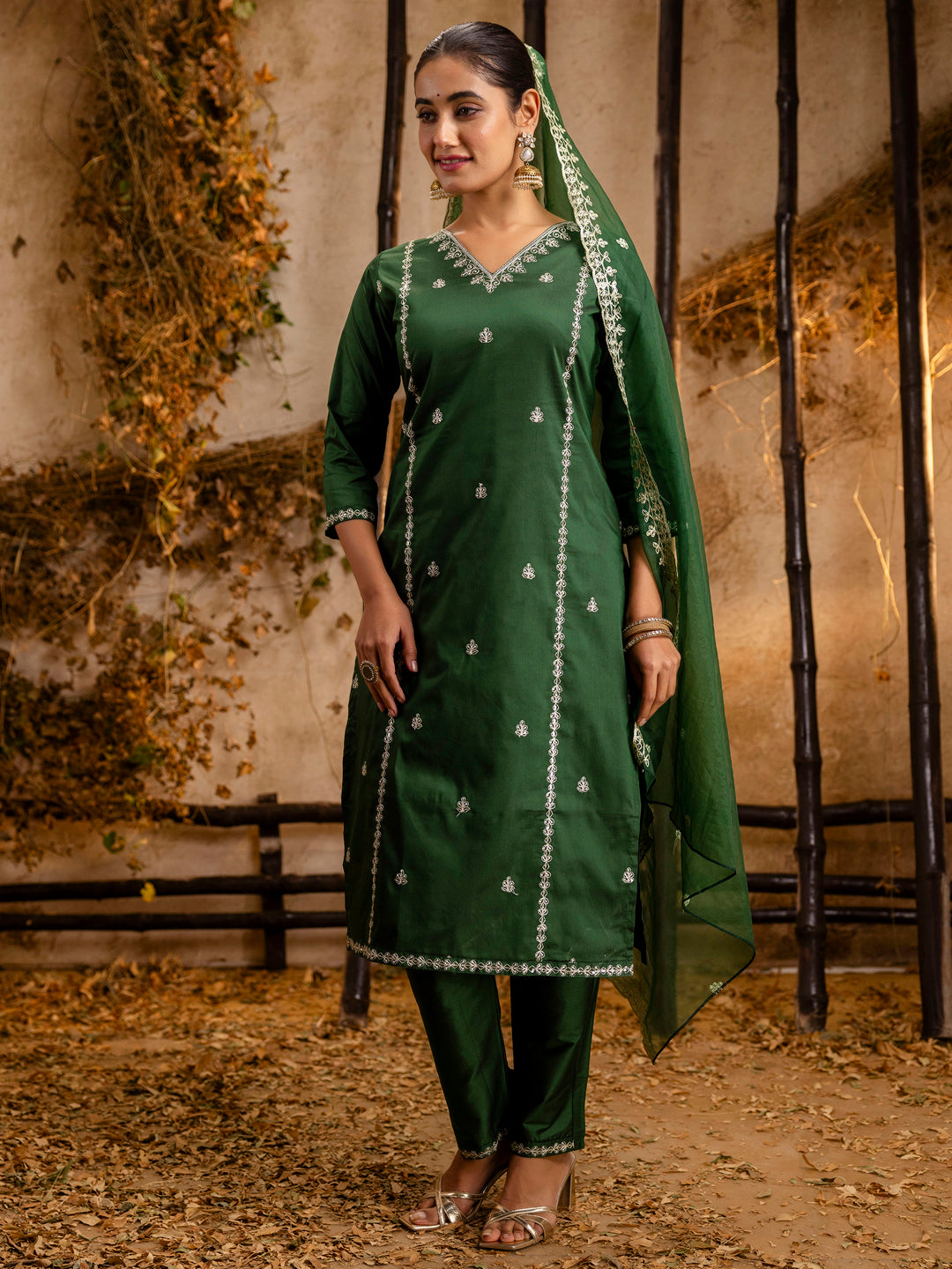 Dhiyona VV Women's Embroidered Silk Blend Calf Length Straight Kurta Trouser with Dupatta Set