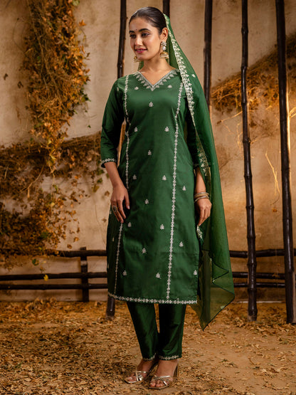 Dhiyona VV Women's Embroidered Silk Blend Calf Length Straight Kurta Trouser with Dupatta Set