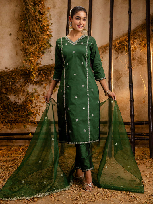 Dhiyona VV Women's Embroidered Silk Blend Calf Length Straight Kurta Trouser with Dupatta Set