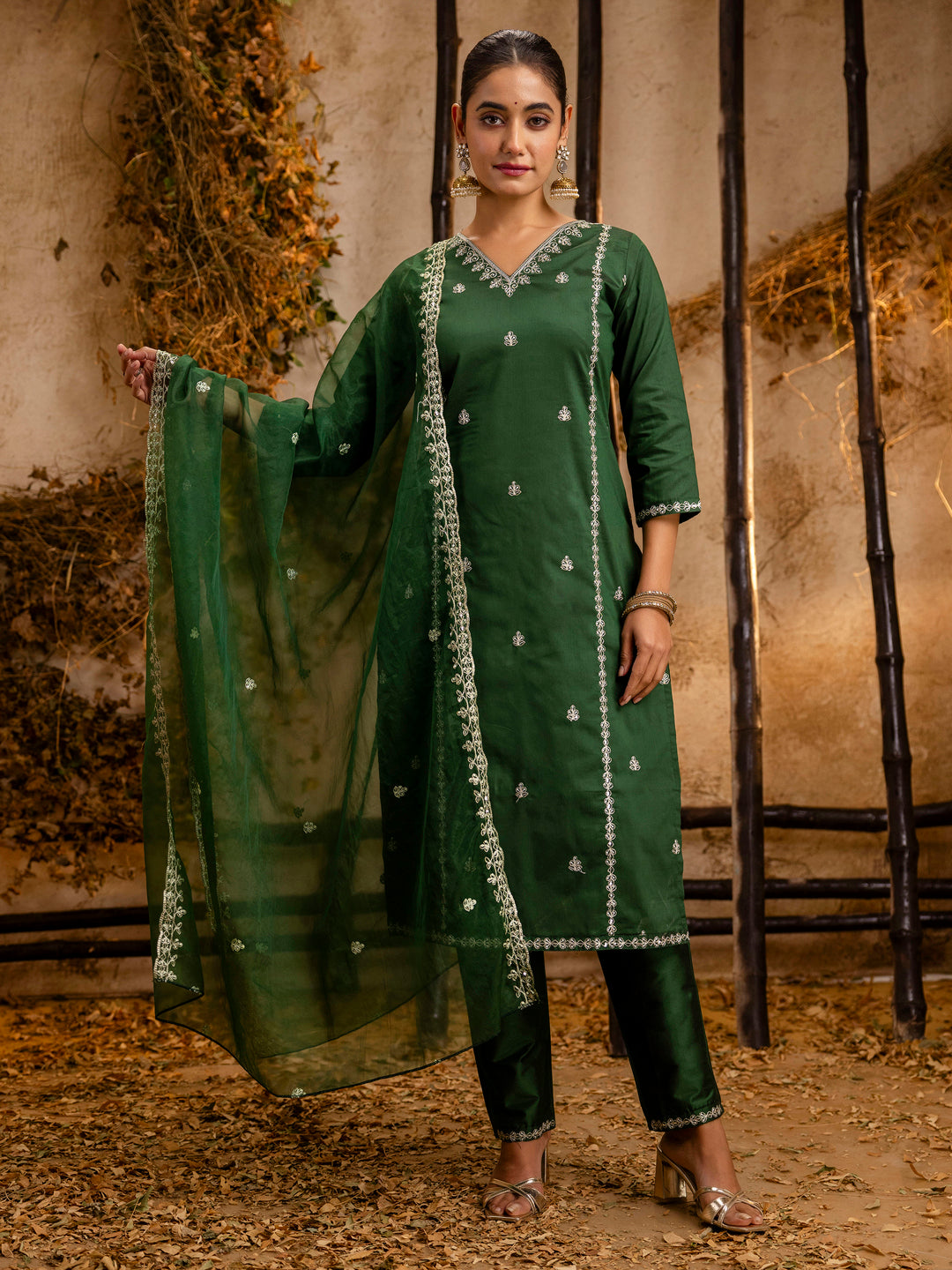 Dhiyona VV Women's Embroidered Silk Blend Calf Length Straight Kurta Trouser with Dupatta Set