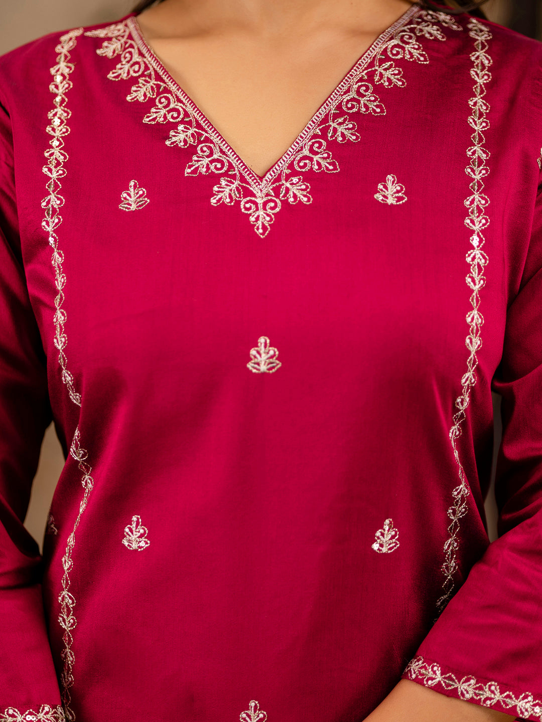 Dhiyona VV Women's Embroidered Silk Blend Calf Length Straight Kurta Trouser with Dupatta Set