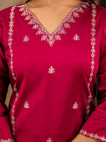 Dhiyona VV Women's Embroidered Silk Blend Calf Length Straight Kurta Trouser with Dupatta Set