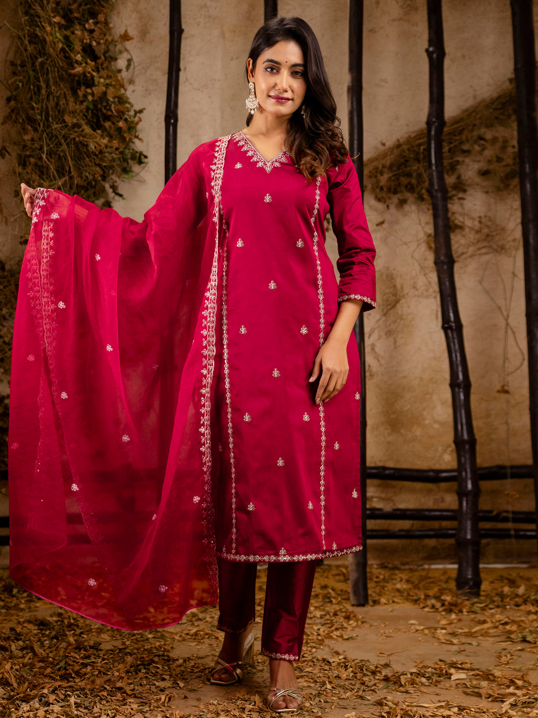 Dhiyona VV Women's Embroidered Silk Blend Calf Length Straight Kurta Trouser with Dupatta Set