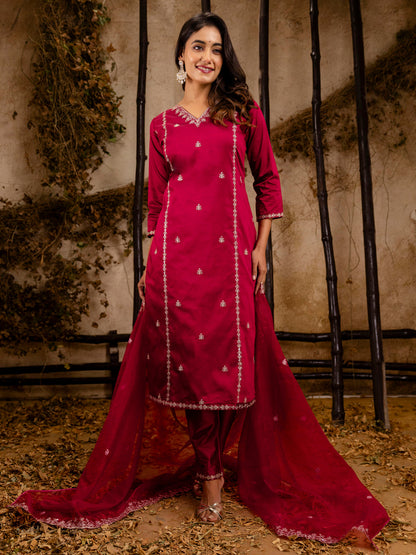 Dhiyona VV Women's Embroidered Silk Blend Calf Length Straight Kurta Trouser with Dupatta Set