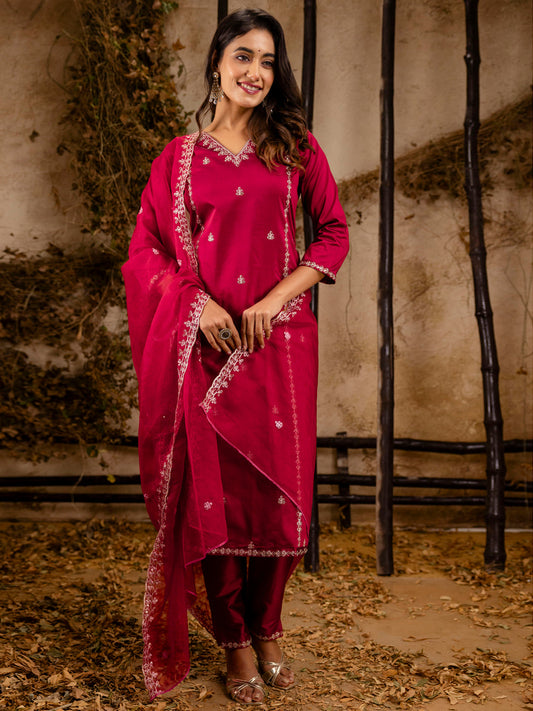 Dhiyona VV Women's Embroidered Silk Blend Calf Length Straight Kurta Trouser with Dupatta Set