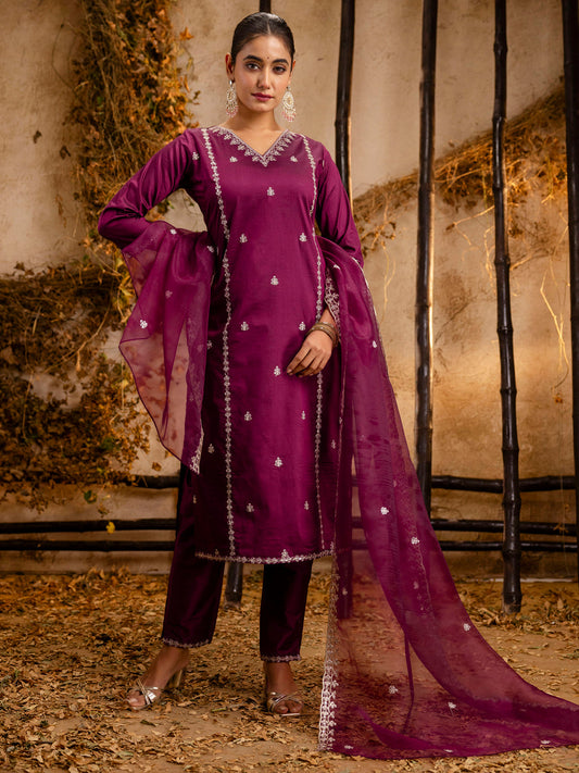 Dhiyona VV Women's Embroidered Silk Blend Calf Length Straight Kurta Trouser with Dupatta Set
