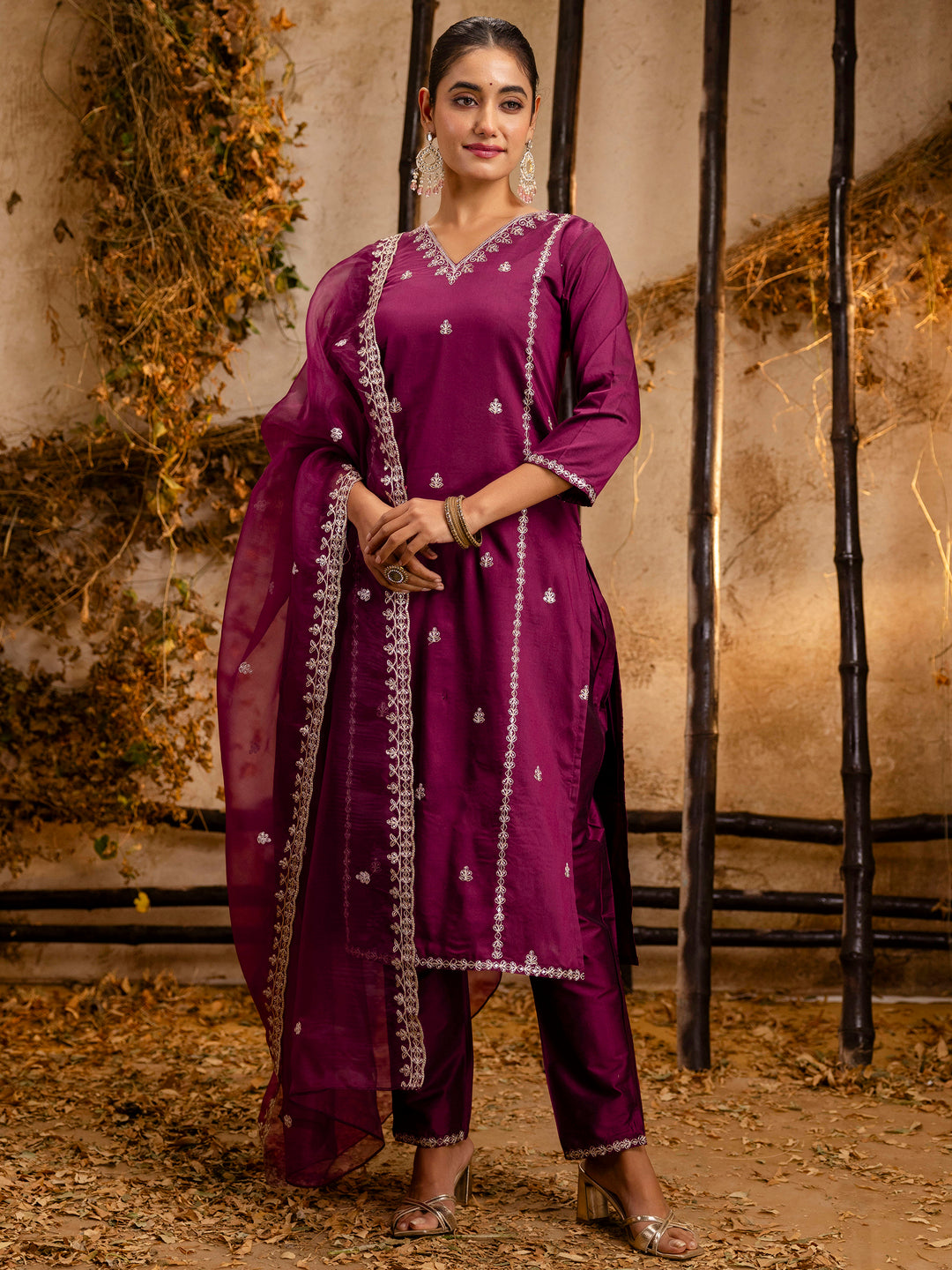 Dhiyona VV Women's Embroidered Silk Blend Calf Length Straight Kurta Trouser with Dupatta Set