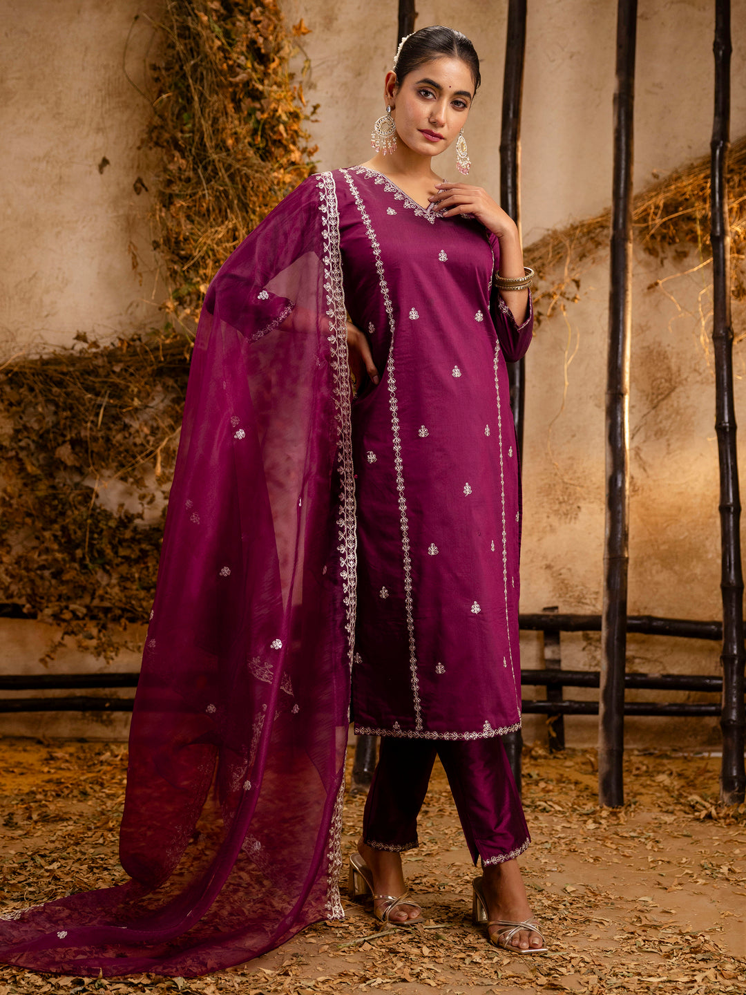Dhiyona VV Women's Embroidered Silk Blend Calf Length Straight Kurta Trouser with Dupatta Set