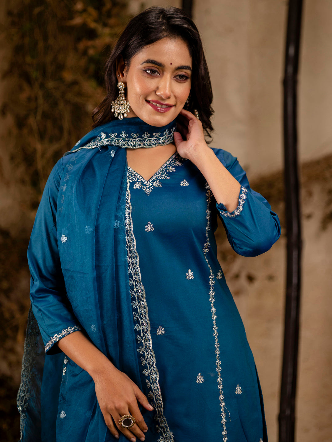Dhiyona VV Women's Embroidered Silk Blend Calf Length Straight Kurta Trouser with Dupatta Set