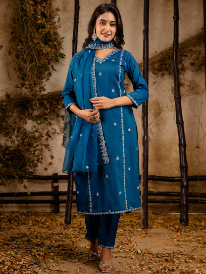 Dhiyona VV Women's Embroidered Silk Blend Calf Length Straight Kurta Trouser with Dupatta Set