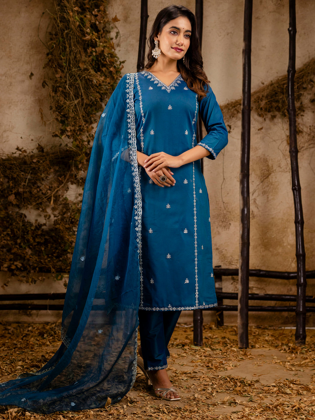 Dhiyona VV Women's Embroidered Silk Blend Calf Length Straight Kurta Trouser with Dupatta Set