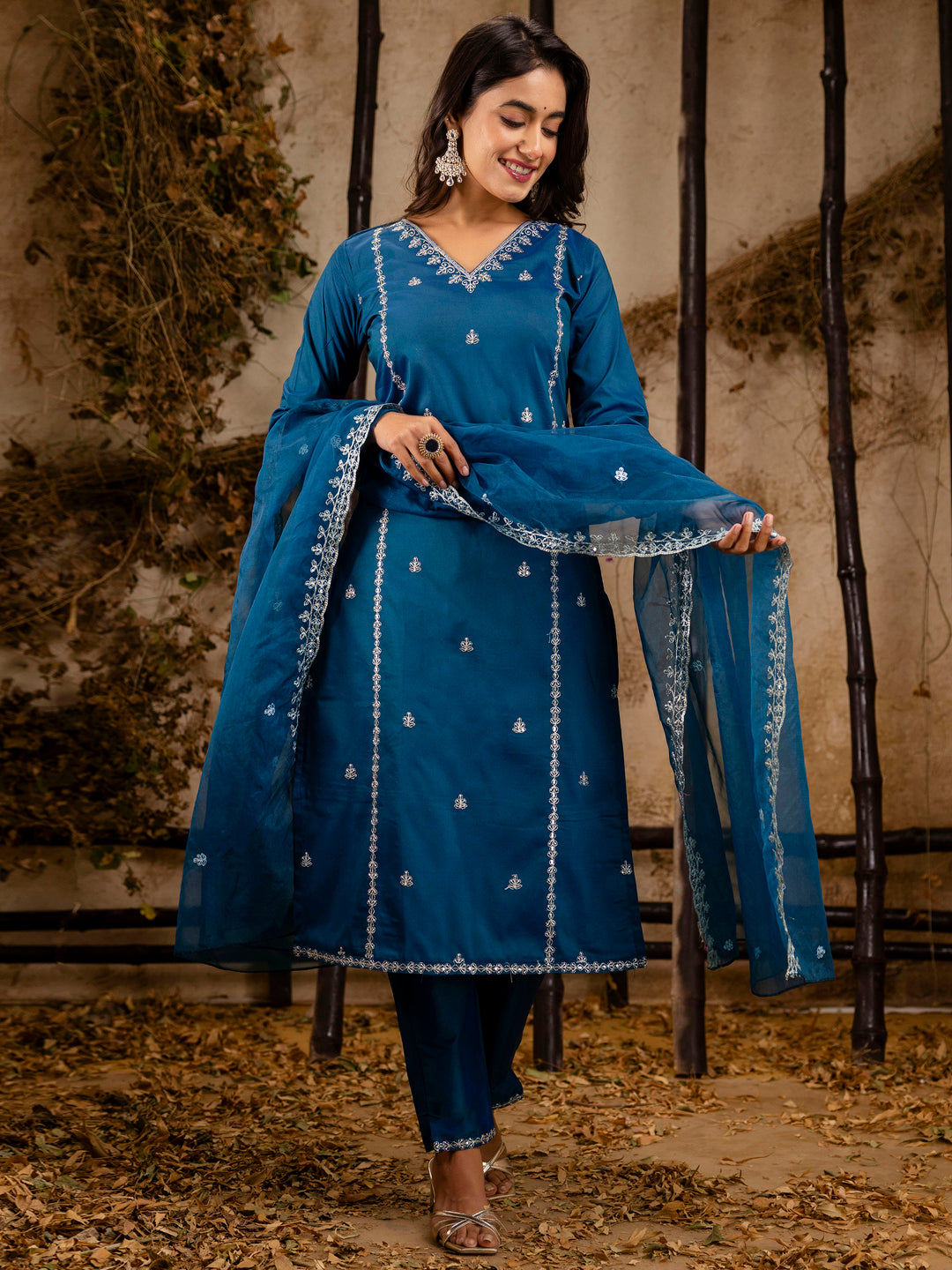 Dhiyona VV Women's Embroidered Silk Blend Calf Length Straight Kurta Trouser with Dupatta Set