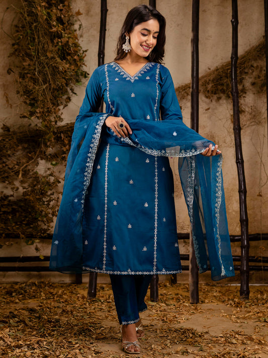 Dhiyona VV Women's Embroidered Silk Blend Calf Length Straight Kurta Trouser with Dupatta Set