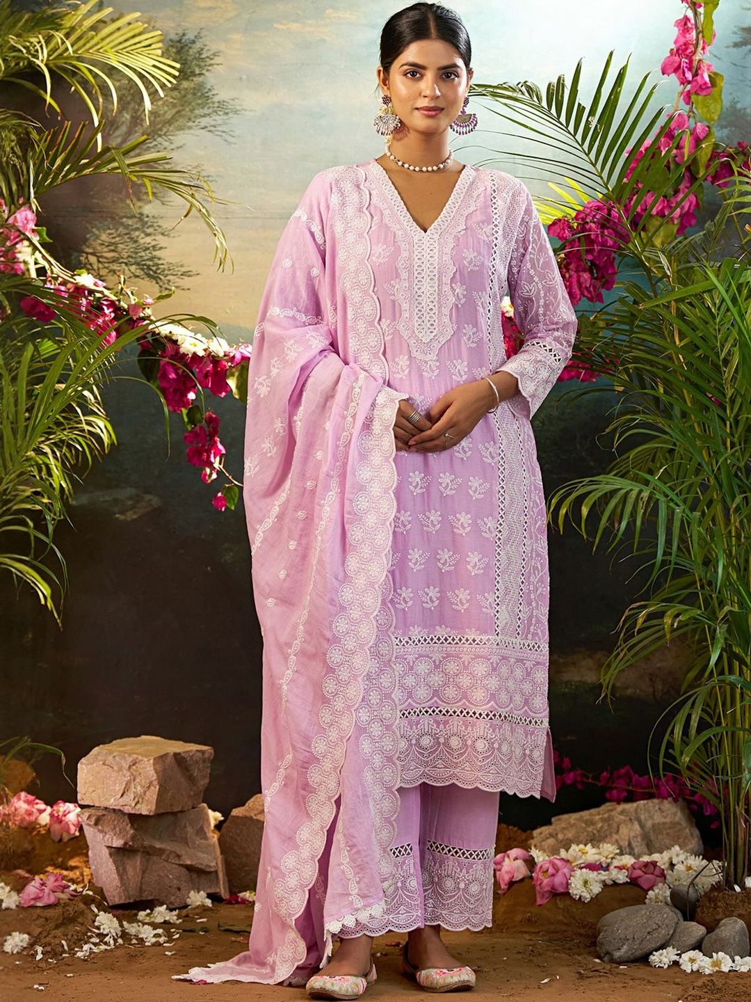 Women Ethnic Motifs Embroidered Cotton Kurta with Trousers & Dupatta